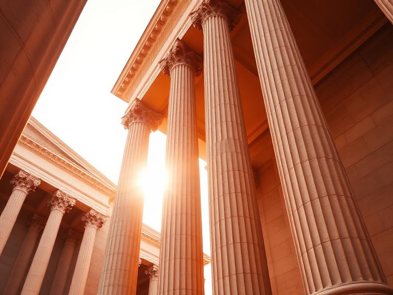 Neoclassical stone columns lit by warm sunlight