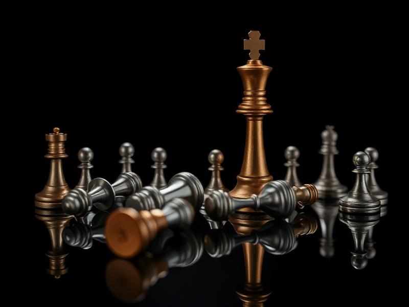 Golden chess king standing among fallen pawns